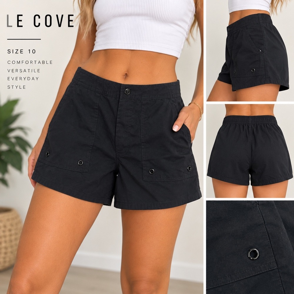Le Cove Womens Black Board Shorts Size 10 Elastic Back Pockets Grommet Detail